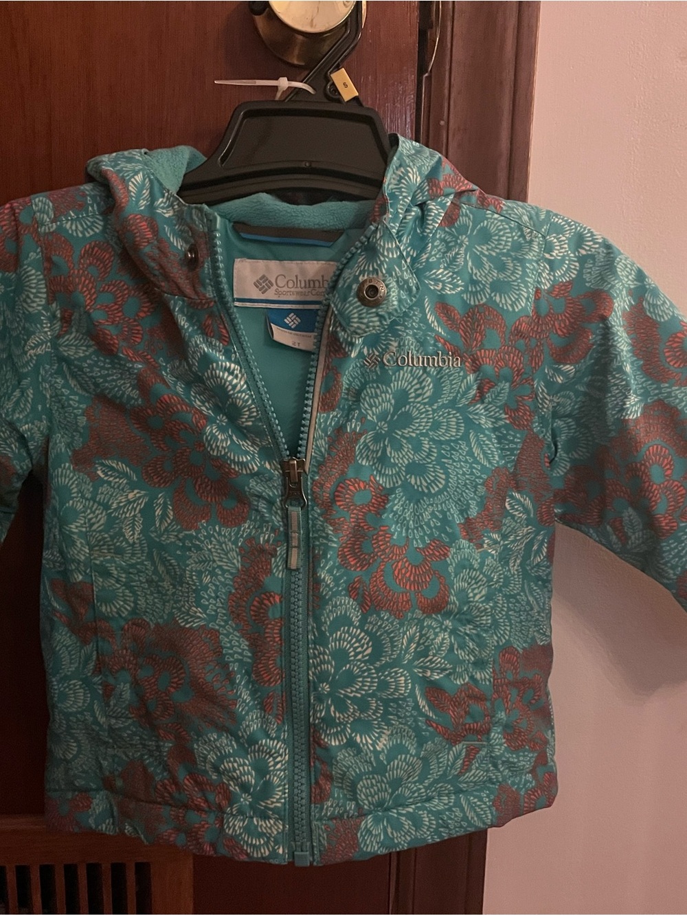 Columbia Teal and Brown Floral Hooded Kids Raincoat